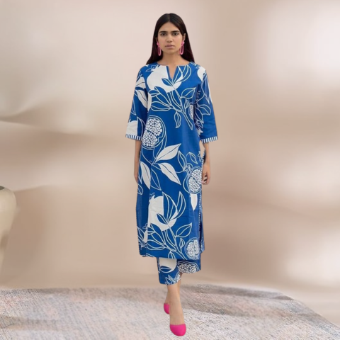Cotton Blend 3/4th Sleeve Knee Length, V-Neck Kurta and Palazzo Set for Women